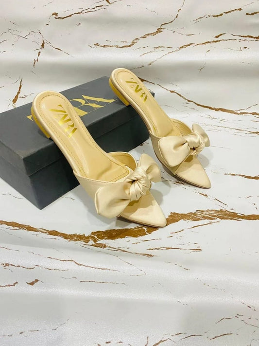 Zara-Inspired Women's Golden Bow Flats – Elegant Synthetic Leather Formal Footwear