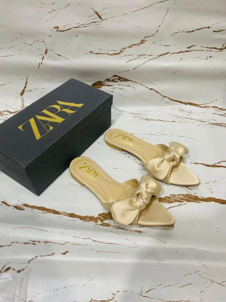 Zara-Inspired Women's Golden Bow Flats – Elegant Synthetic Leather Formal Footwear