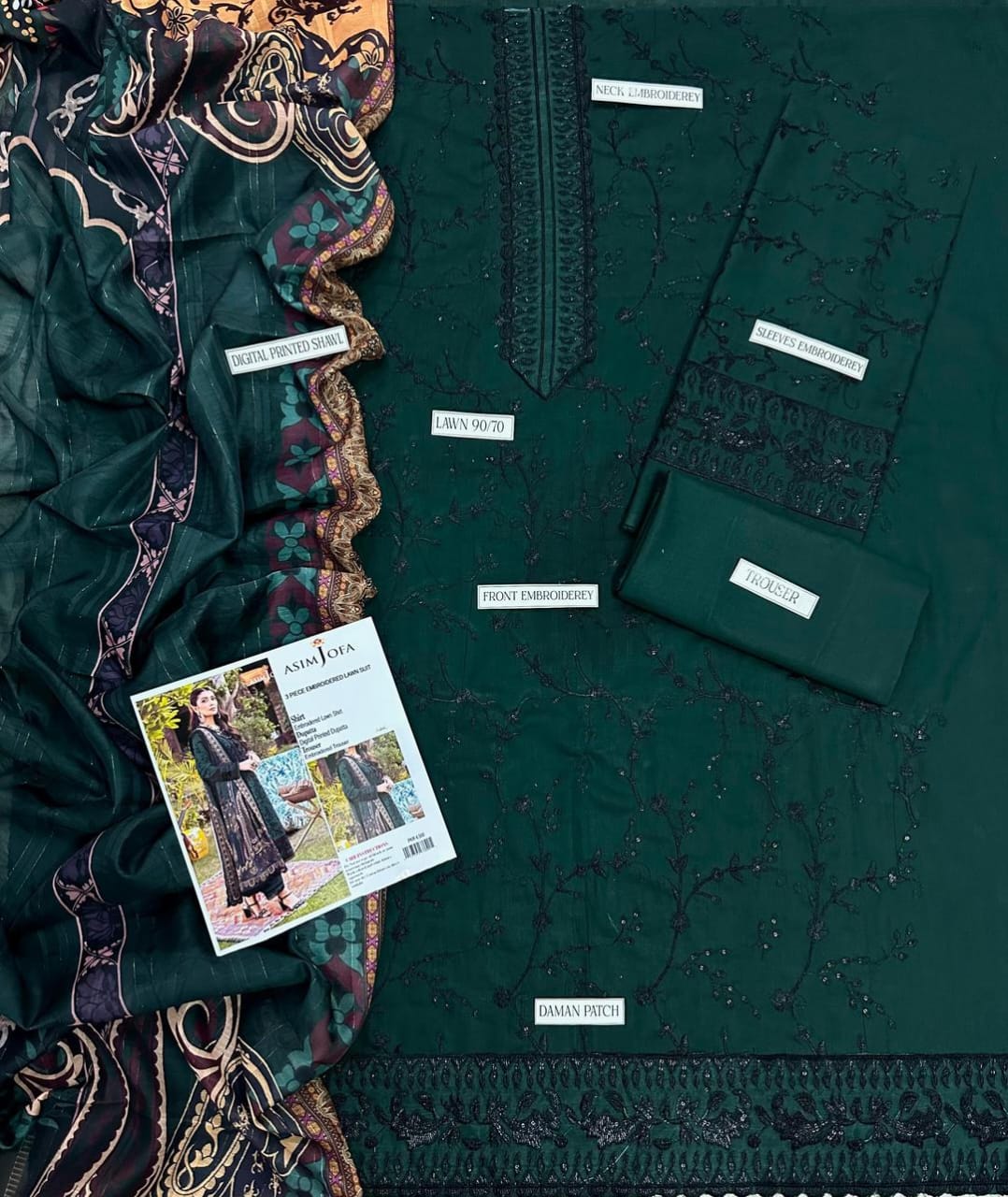 Asim Jofa Women's 3 Pcs Unstitched Embroidered Lawn Suit – Green Elegance Collection